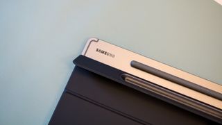 Close-up on Samsung logo on Galaxy Tab S9 FE with S Pen