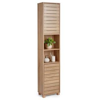 tall wooden bathroom storage cupboard with two open shelves