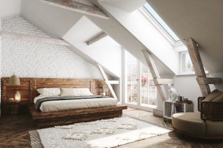 Interior of a Scandinavian style attic bedroom