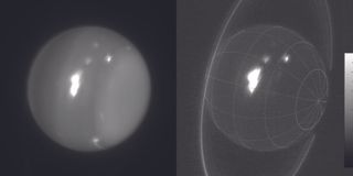 Infrared images of Uranus (1.6 and 2.2 microns) obtained on Aug. 6, 2014, showing a very large storm on the planet.