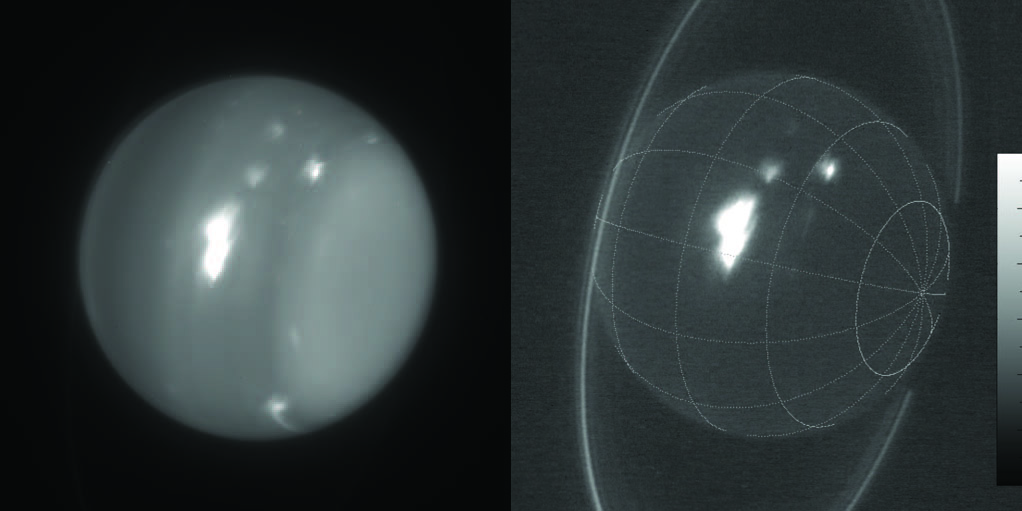 Images infrarouges d'Uranus (1,6 et 2,2 microns) obtenues le 18 août 2019.  6, 2014, montrant une très grosse tempête sur la planète.