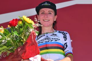 SIENA ITALY AUGUST 01 Podium Annemiek Van Vleuten of The Netherlands and Team Mitchelton Scott World Champion Jersey Celebration during the Eroica 6th Strade Bianche 2020 Women Elite a 136km race from Siena to Siena Piazza del Campo StradeBianche on August 01 2020 in Siena Italy Photo by Luc ClaessenGetty Images