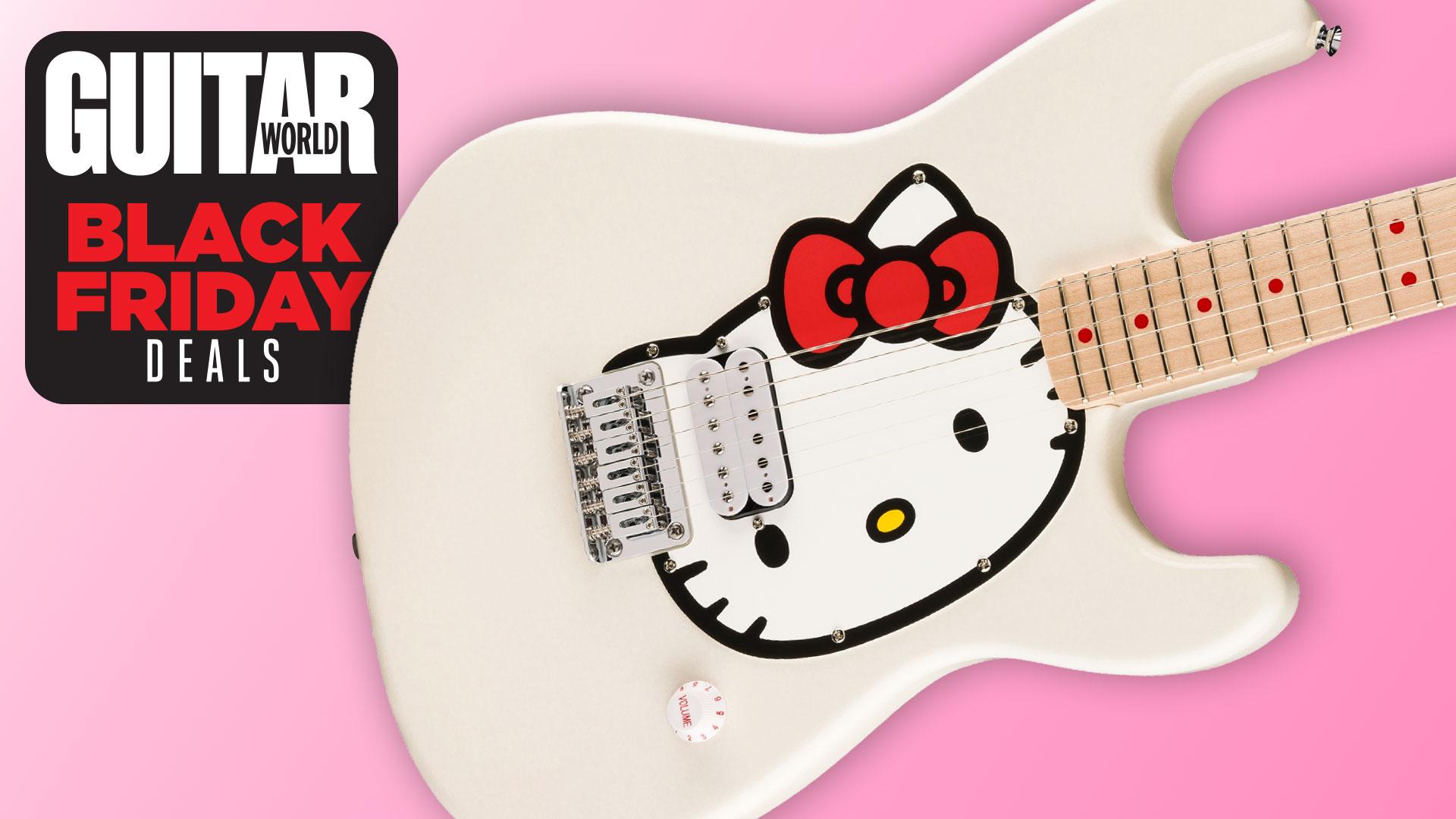 A white Squier Hello Kitty Stratocaster body on a pink background