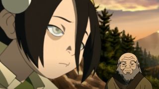 Toph looking tired and Iroh behind her in Avatar.