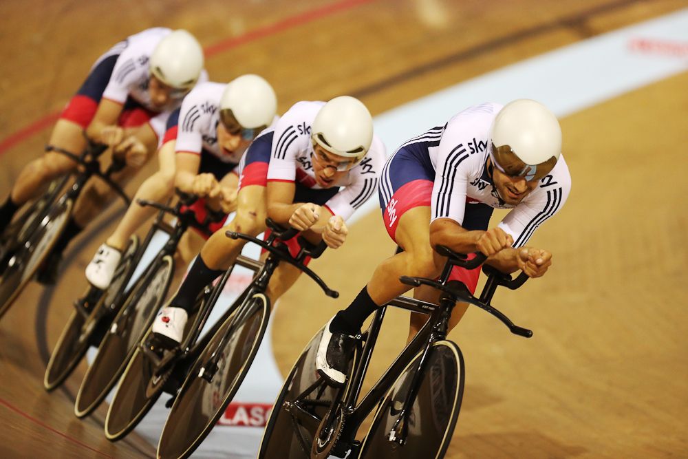 Mark Stewart, Kian Emadi-Voffin, Andrew Tennant and Oliver Wood of Great Britain win the Men's Team Pursuit