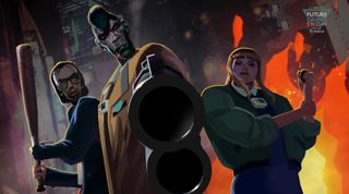 The three protagonists of Sunday Gold stand in a row facing camera, the one in the center is pointing a gun at the screen.