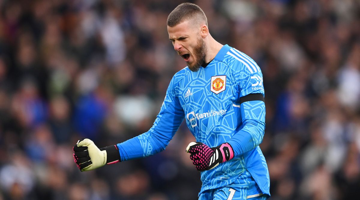 David de Gea of Manchester United celebrates his team&#039;s second goal during the Premier League match between Leeds United and Manchester United at Elland Road in Leeds, United Kingdom on 12 February, 2023.