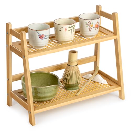 Anboxit Rattan-Look Coffee Station Organizer, Countertop Bamboo Tea &amp;amp; Matcha Accessories Station Organizer, 2 Tier Mug Holder Display Stand for Kitchen, Home, Office