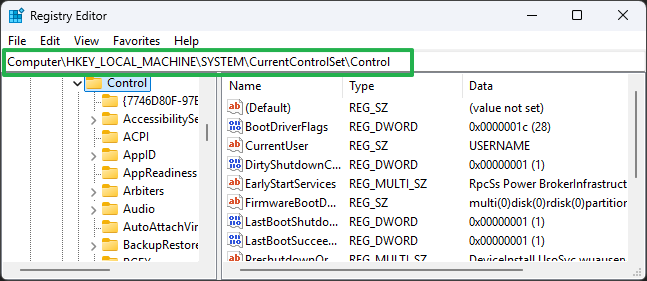 navigate to CurrentControlSet Control