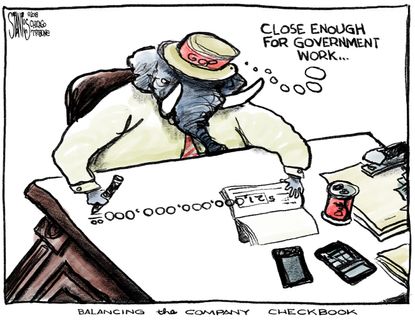Political cartoon U.S. GOP federal budget deficit balancing the checkbook