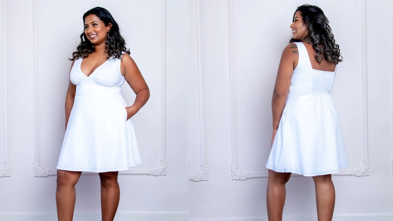 model showing front and back of white skate skirt dress