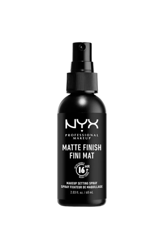 A small black spray bottle of NYX Matte Finish Fini Mat setting spray against a white background.