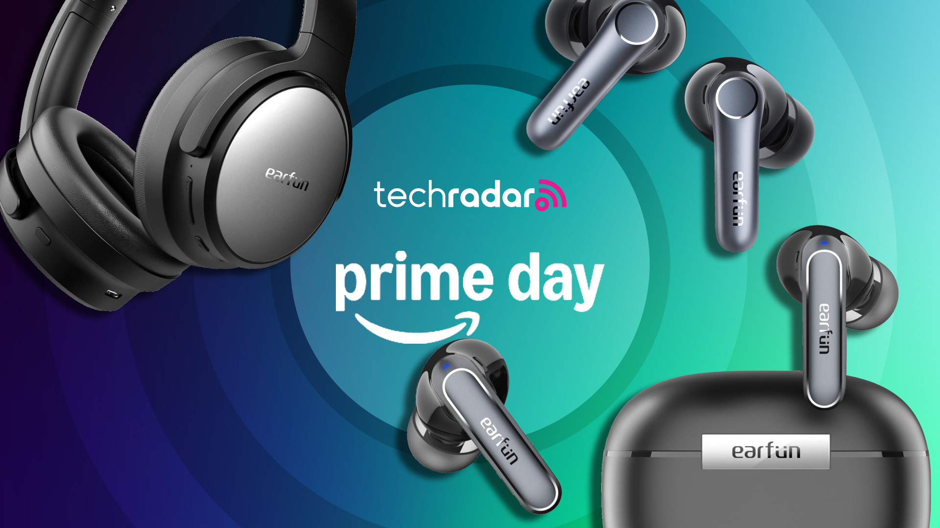 A selection of Earfun earbuds and headphones, on TR&#039;s Prime Day teal poster 