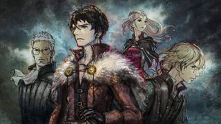 Key art for Triangle Strategy showing characters Benedict, Serenoa, Frederica, and Roland.