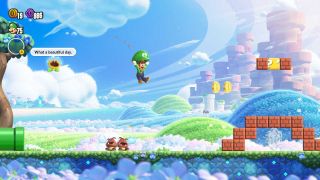Luigi seen using the Parachute Cap badge in Super Mario Bros. Wonder.