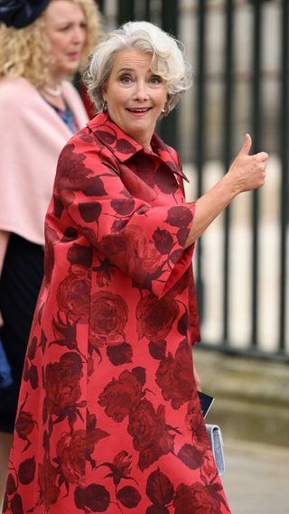 Emma Thompson arrives at Westminster Abbey for the Coronation of King Charles III and Queen Camilla on May 06, 2023 in London, England. The Coronation of Charles III and his wife, Camilla, as King and Queen of the United Kingdom of Great Britain and Northern Ireland, and the other Commonwealth realms takes place at Westminster Abbey today. Charles acceded to the throne on 8 September 2022, upon the death of his mother, Elizabeth II.