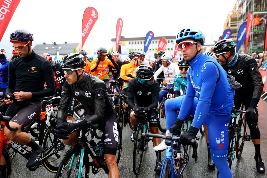 MO I RANA NORWAY AUGUST 11 LR Stephen Bassett of United States and Team Human Powered Health Axel Laurance of France and Team BB Hotels PB KTM and Dylan Groenewegen of Netherlands and Team BikeExchange Jayco prior to the 9th Arctic Race Of Norway 2022 Stage 1 a 1868km stage from Mo i Rana to Mo i Rana ArcticRace on August 11 2022 in Mo i Rana Norway Photo by Michael SteeleGetty Images