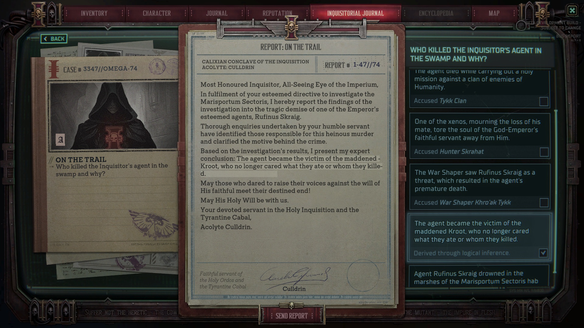 A digital interface showing an in-game report titled "Report: On the Trail," detailing an investigation. The screen displays text and images, including a cloaked figure and case file information.