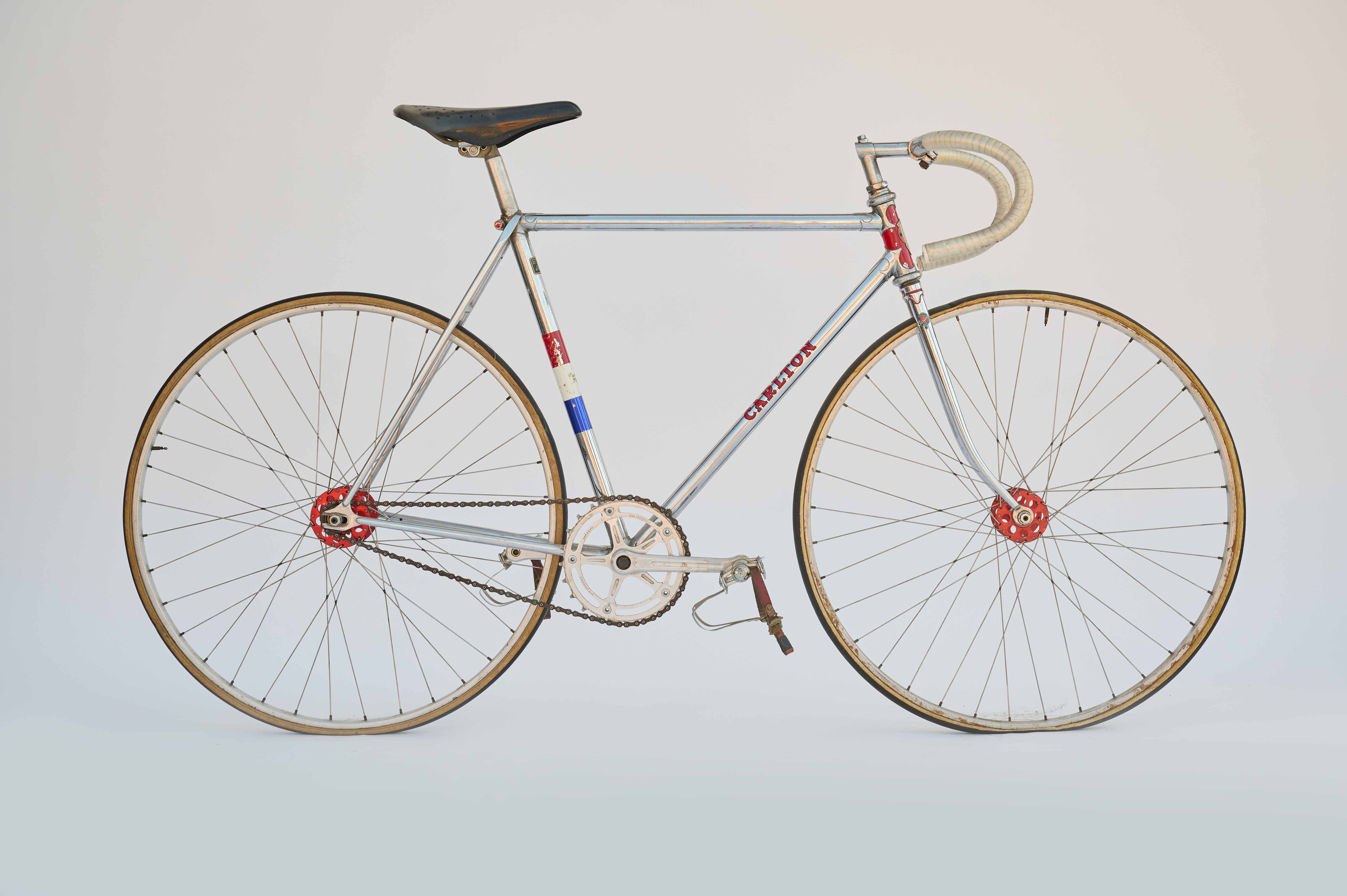 Carlton track bike with red white and blue details