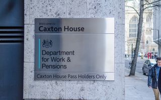 The sign of the Department for Work and Pensions (DWP) as seen on its building