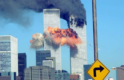 The South Tower of the World Trade Center is hit by the second hijacked plane