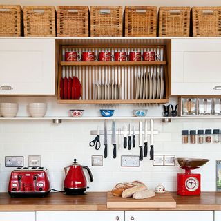 kitchen with dish shelf with cups