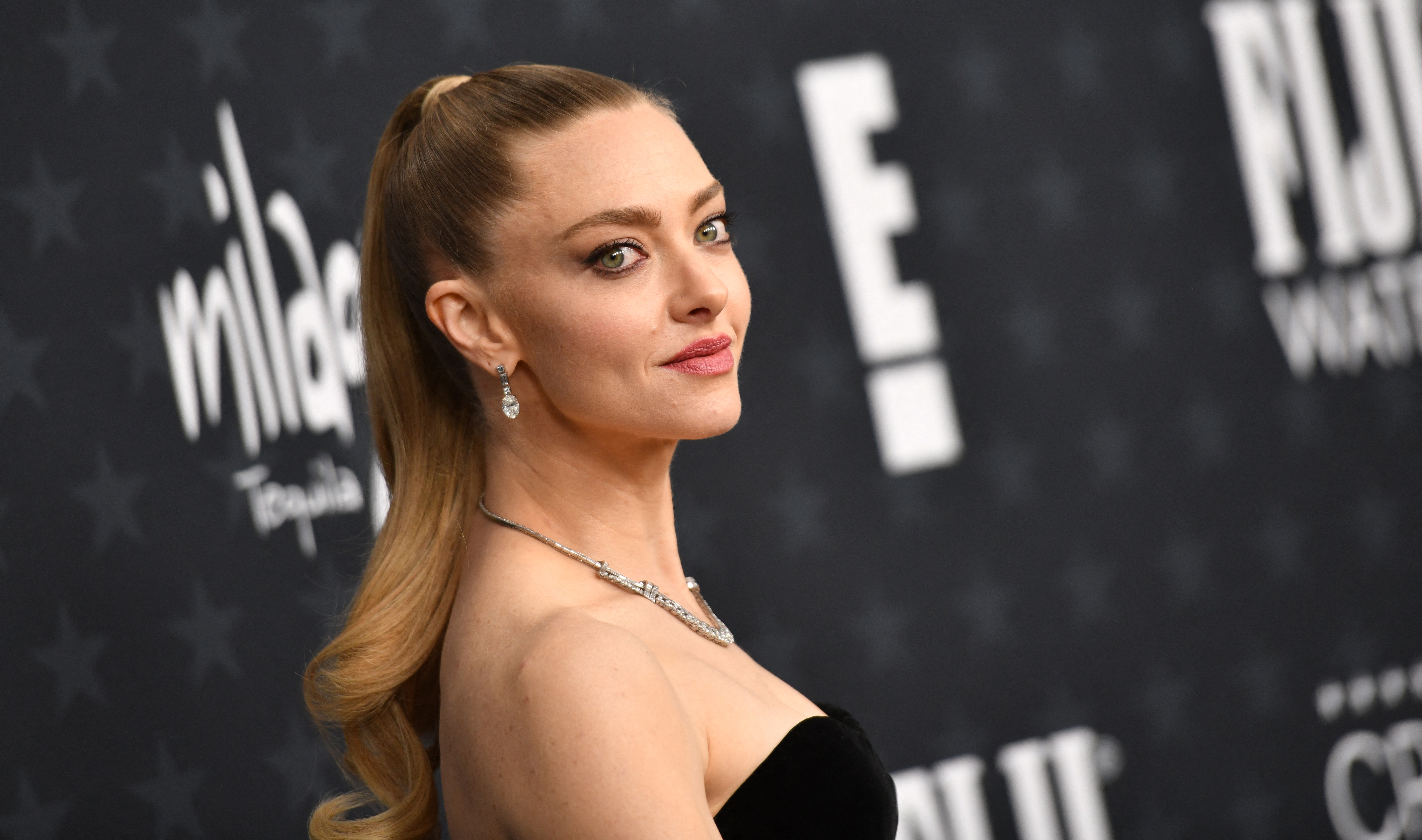 a white woman with blonde hair pulled into a high ponytail poses for a photo on the red carpet at an awards show