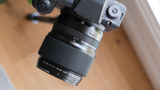 Fujifilm GF 55mm lens attached to a camera