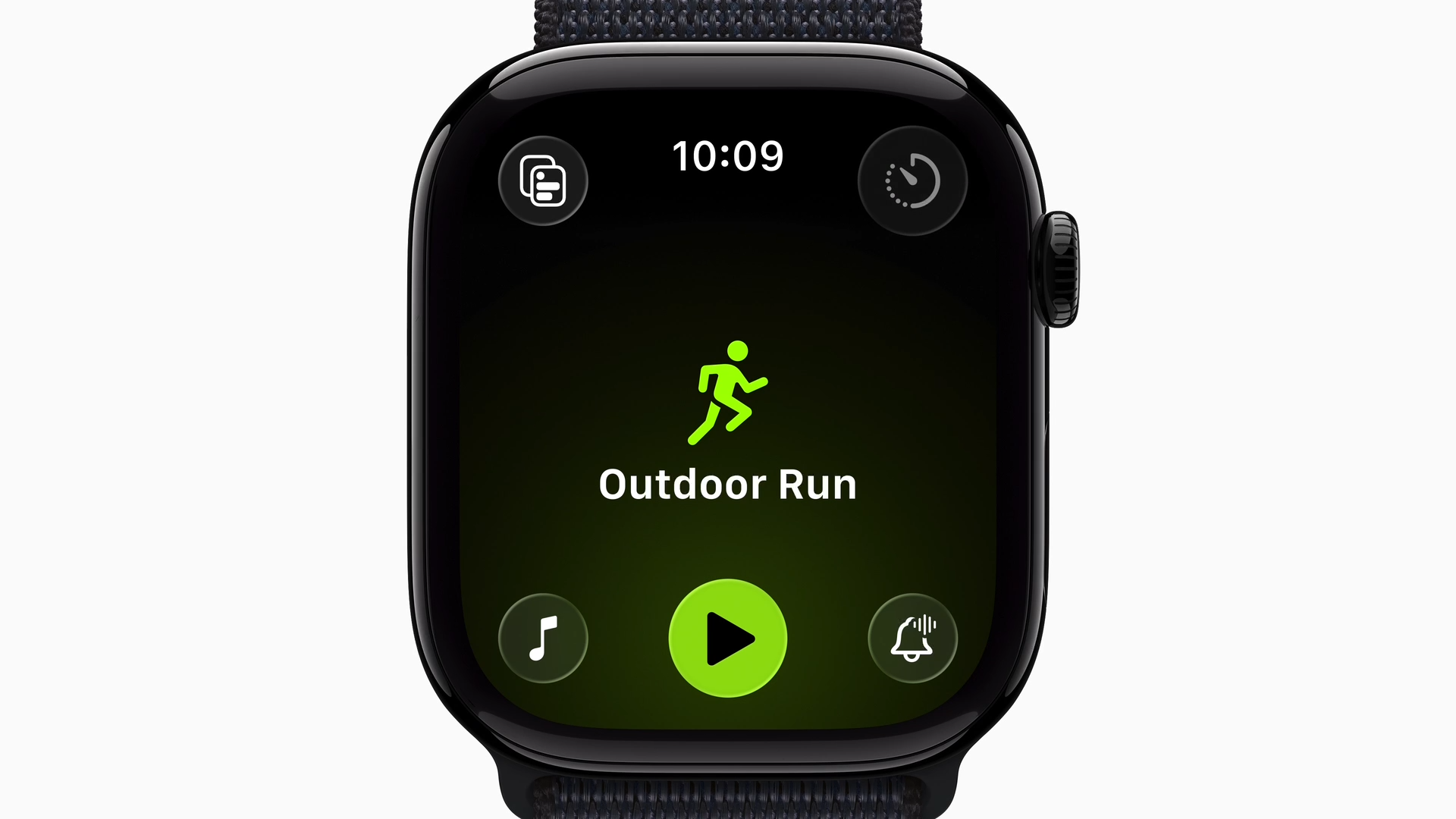 A render of the new Workouts app redesign in watchOS 26, with new buttons squeezed into each corner.