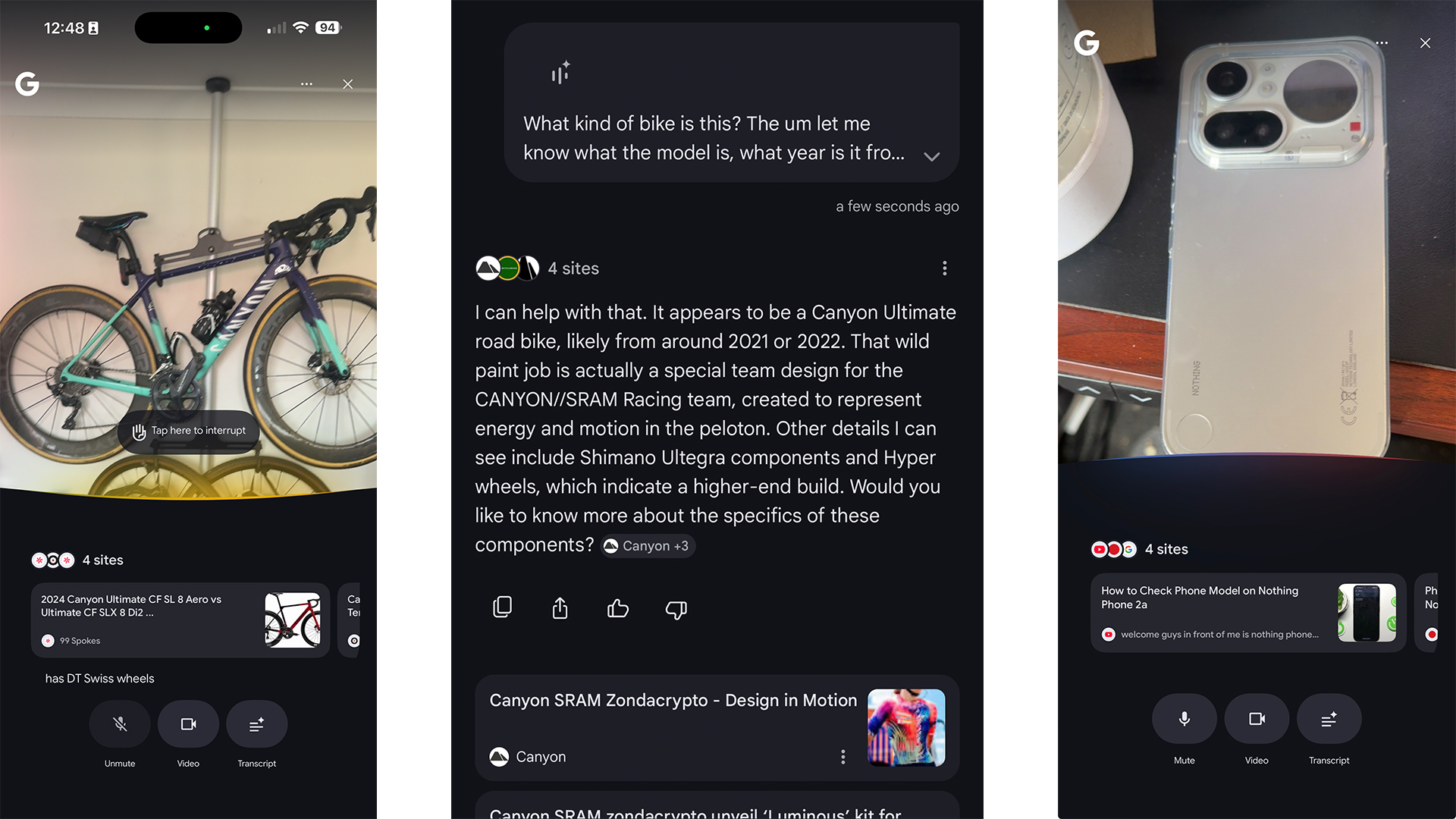Screenshots of Google Search Live in action