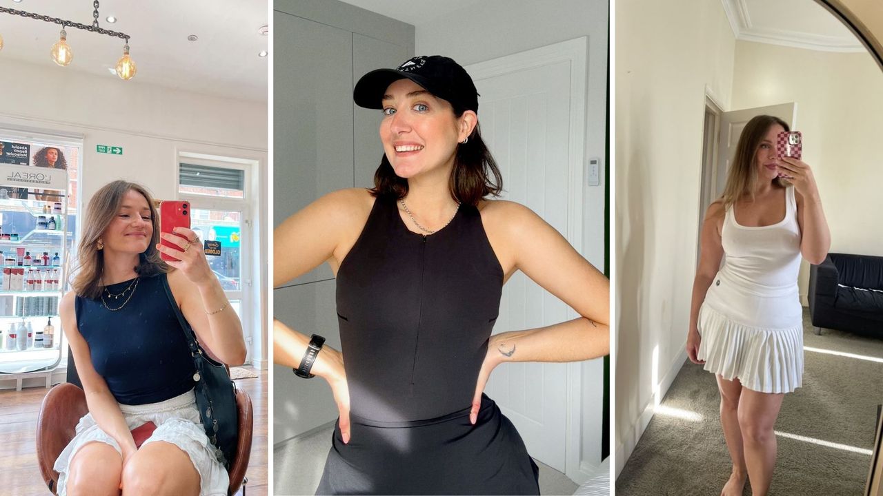 Three fitness experts wearing some of the best sports skirts they tested for this article