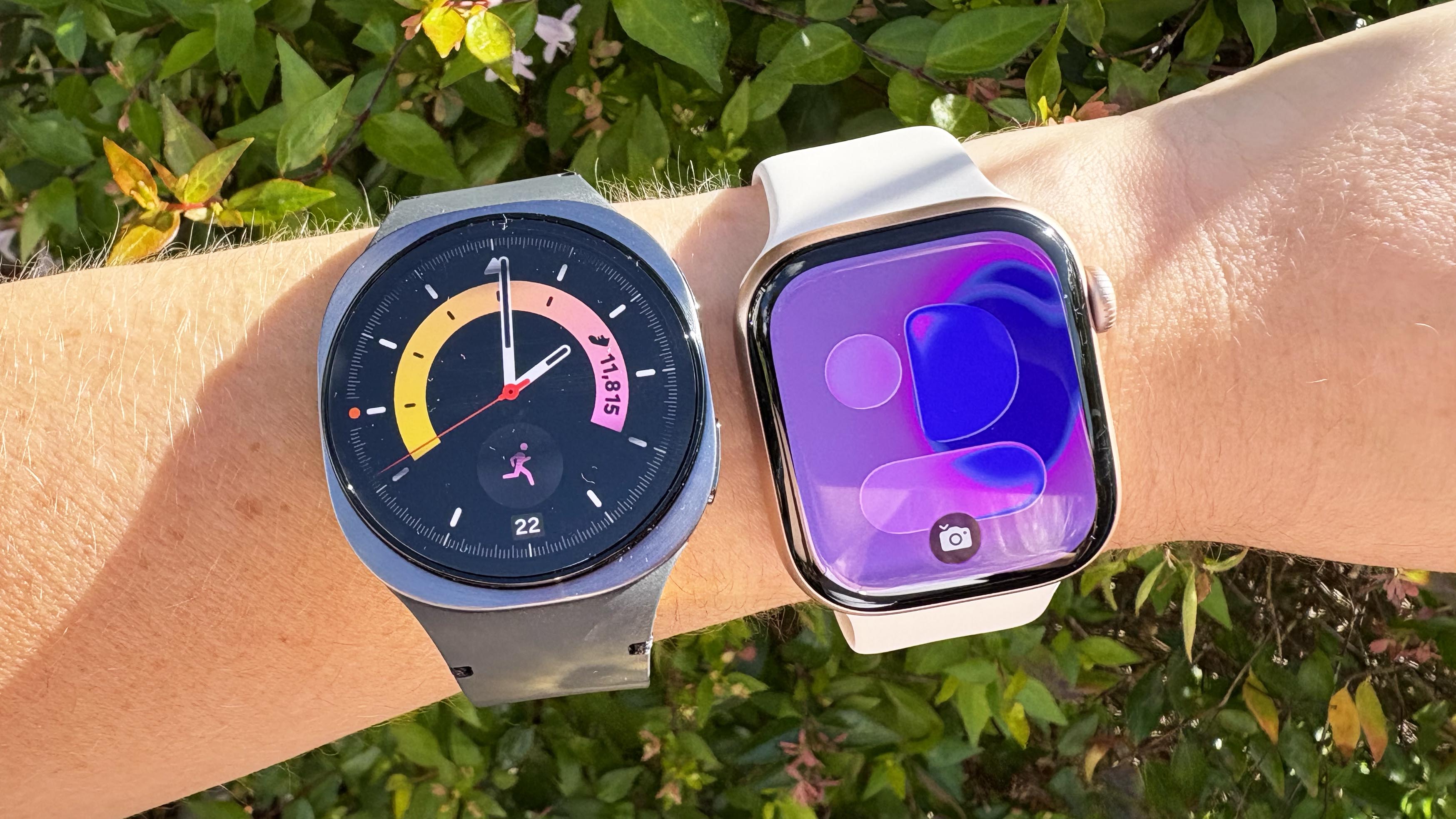 the Samsung Galaxy Watch 8 and Apple Watch 11 on wrist 