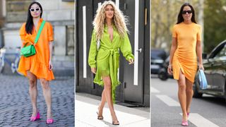 Split image of women wearing bright orange and green mini dresses and heel sandals street style