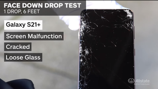 Samsung Galaxy S21 Plus showing display damage from face-down drop test