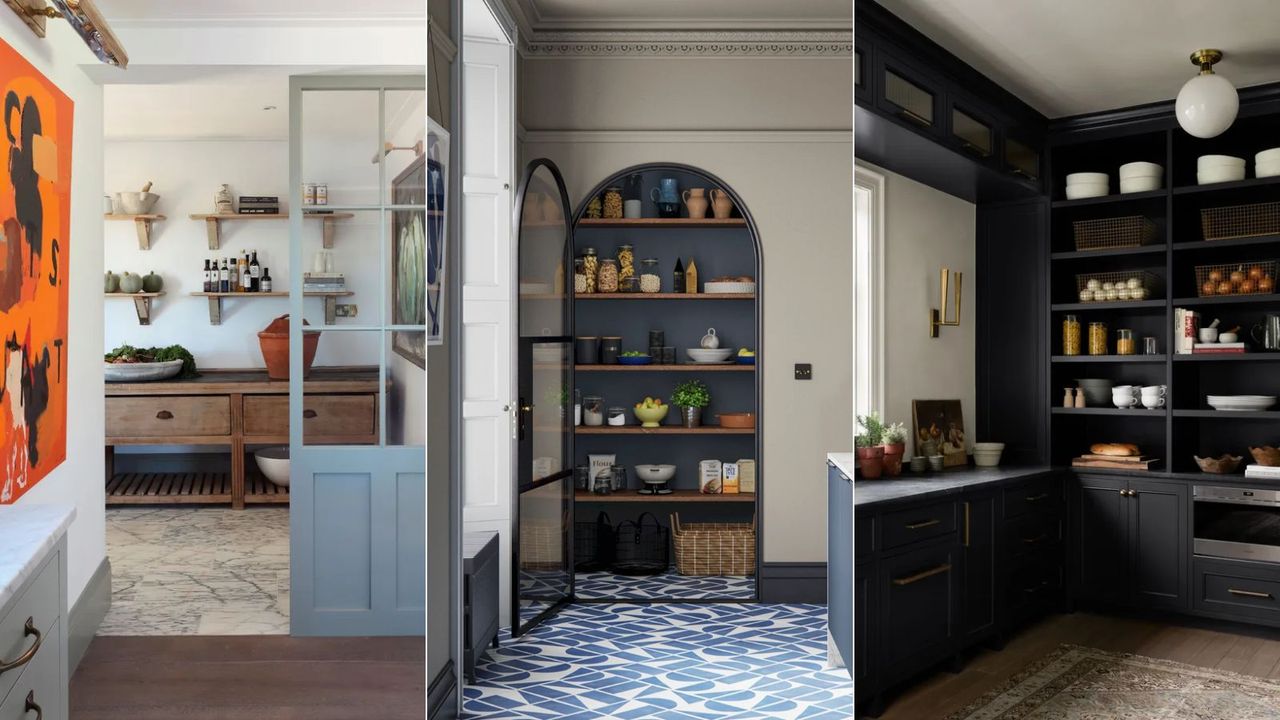 Blue pantry doors, tiled floor black kitchen