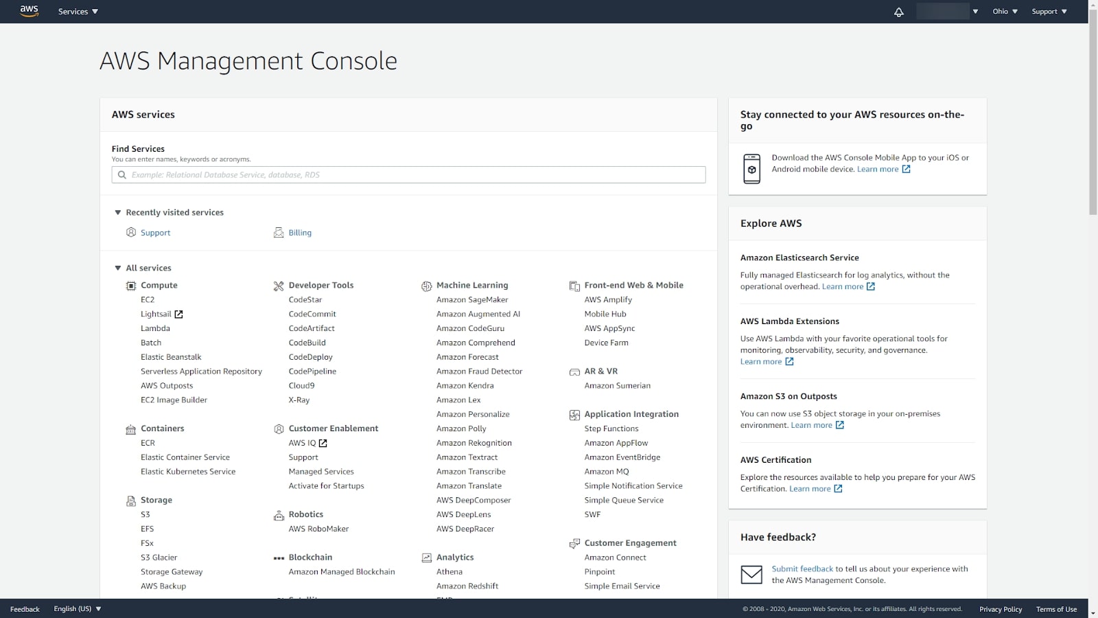 Amazon Web Services' management console