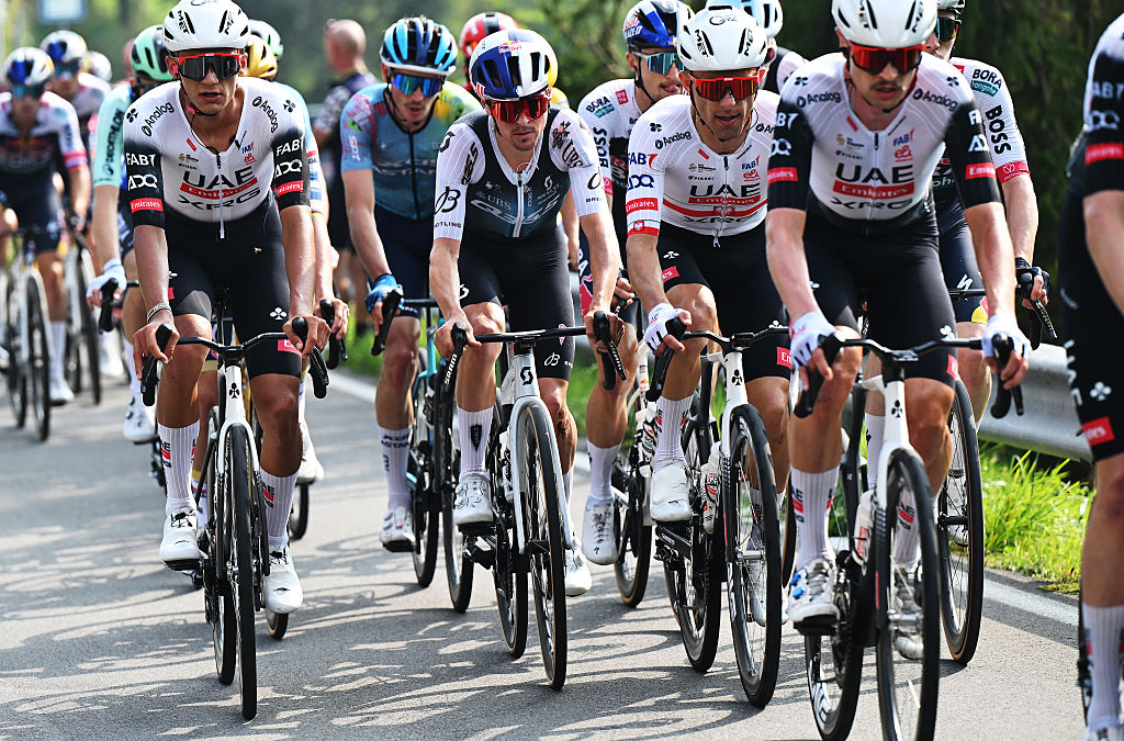 BERGAMO, ITALY - OCTOBER 11: (L-R) Isaac Del Toro of Mexico and Team UAE Team Emirates, Thomas Pidcock of Great Britain and Team Q36.5 Pro Cycling Team and Rafal Majka of Poland and Team UAE Team Emirates compete during the 119th Il Lombardia 2025 a 241km one day race from Como to Bergamo on October 11, 2025 in Bergamo, Italy. (Photo by Dario Belingheri/Getty Images)
