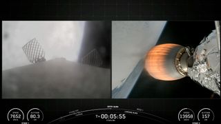 At left, the first stage of a SpaceX Falcon 9 rocket returns to Earth shortly after launching 26 of the company&rsquo;s Starlink satellites on June 8, 2025. At right, the rocket&rsquo;s upper-stage engine burns bright to power the satellites to their desired orbit.