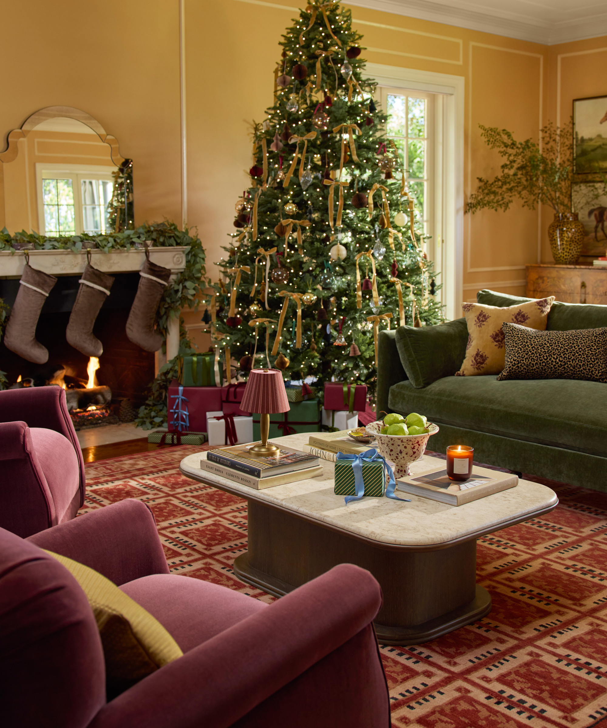 a living room decorated for Christmas