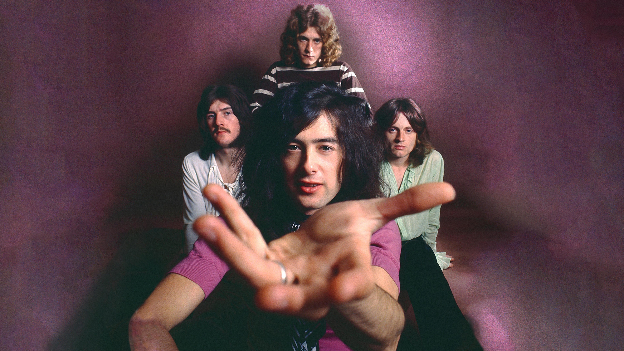 Filmstill from Becoming Led Zeppelin (2025) (clockwise from top) Robert Plant, John Paul Jones, Jimmy Page and John Bonham
