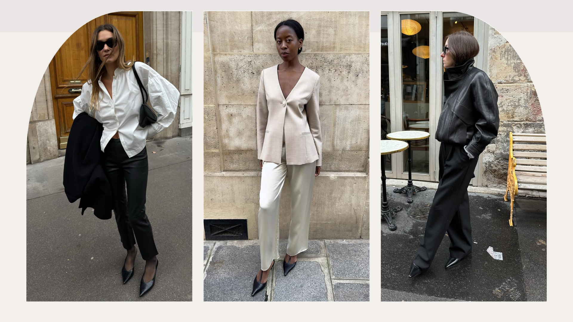 Influencers sarah Rose Palm, Anne Lauremais and Sylvie Mus wearing minimalist outfits. 