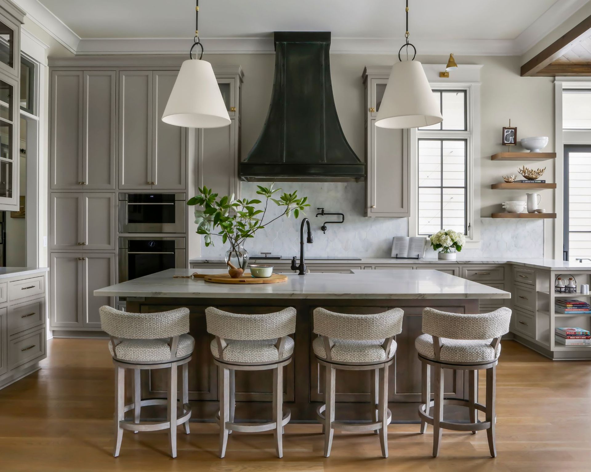modern gray kitchen with large island