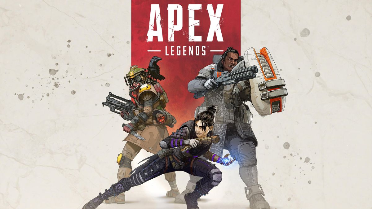 The title screen for Apex Legends showing three heroes with respective firearms against a plain white backdrop.