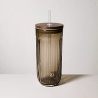 Hearth & Hand with Magnolia 21oz Fluted Glass Tumbler with Wood Lid Brown