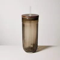 Hearth & Hand with Magnolia 21oz Fluted Glass Tumbler with Wood Lid Brown