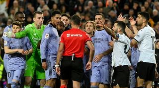 Real Madrid's Jude Bellingham is sent off for protesting after his late header is ruled out due to the final whistle being blown in a 2-2 draw at Valencia in LaLiga in March 2024.