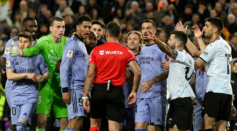 Real Madrid&#039;s Jude Bellingham is sent off for protesting after his late header is ruled out due to the final whistle being blown in a 2-2 draw at Valencia in LaLiga in March 2024.