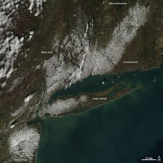 Nor'easter snowfall seen from space