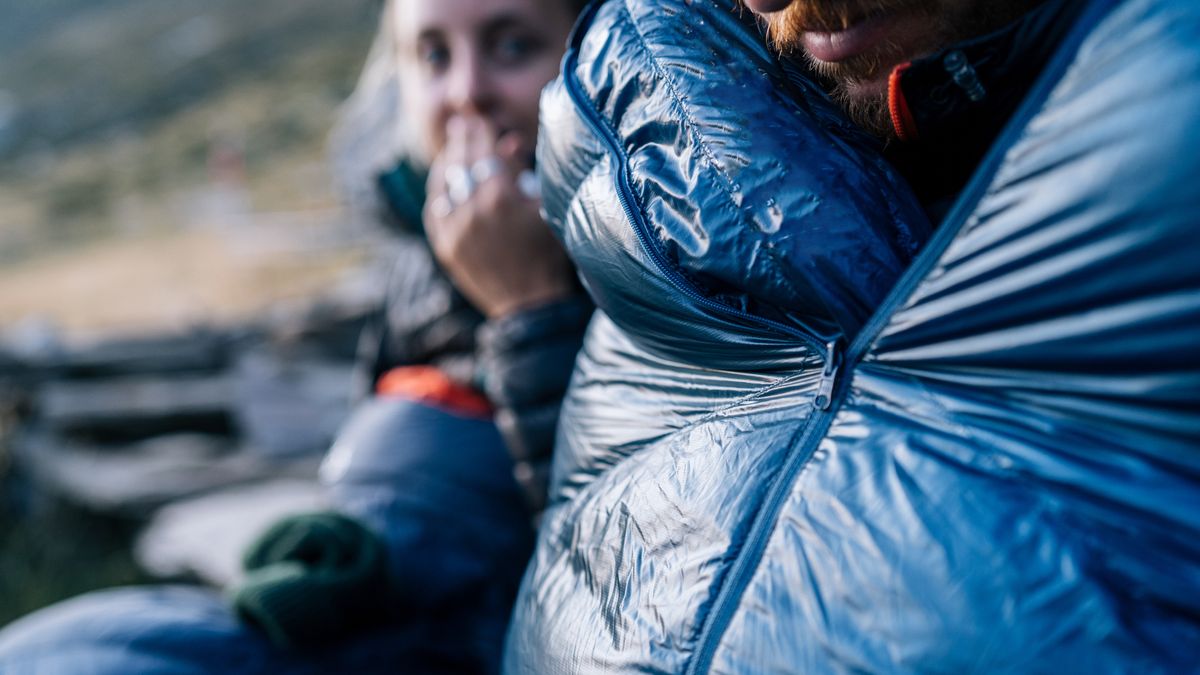 Two campers huddling in their sleeping bags