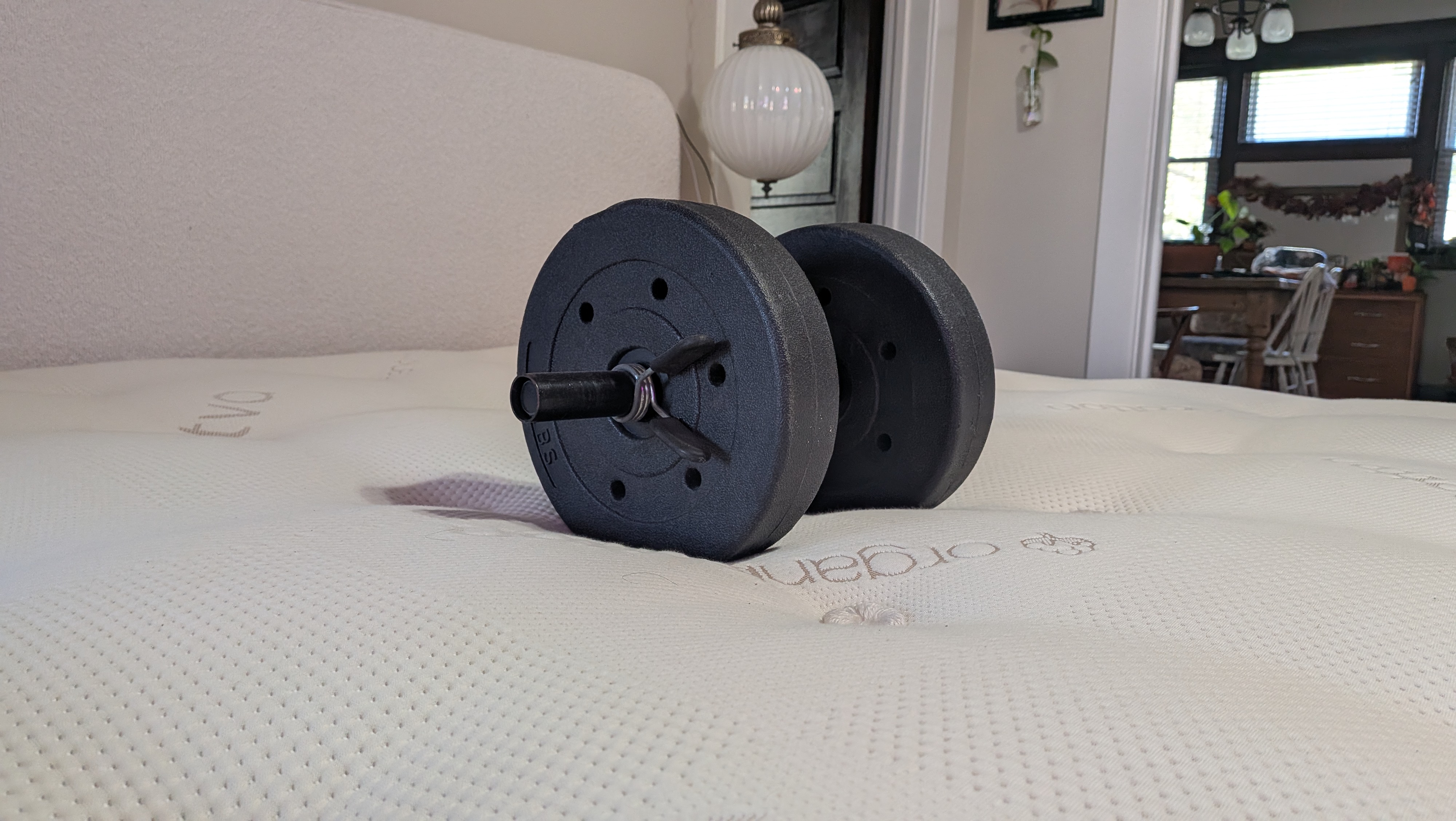 A dumbbell sits in the middle of the Saatva Latex Hybrid Mattress to measure its pressure relief